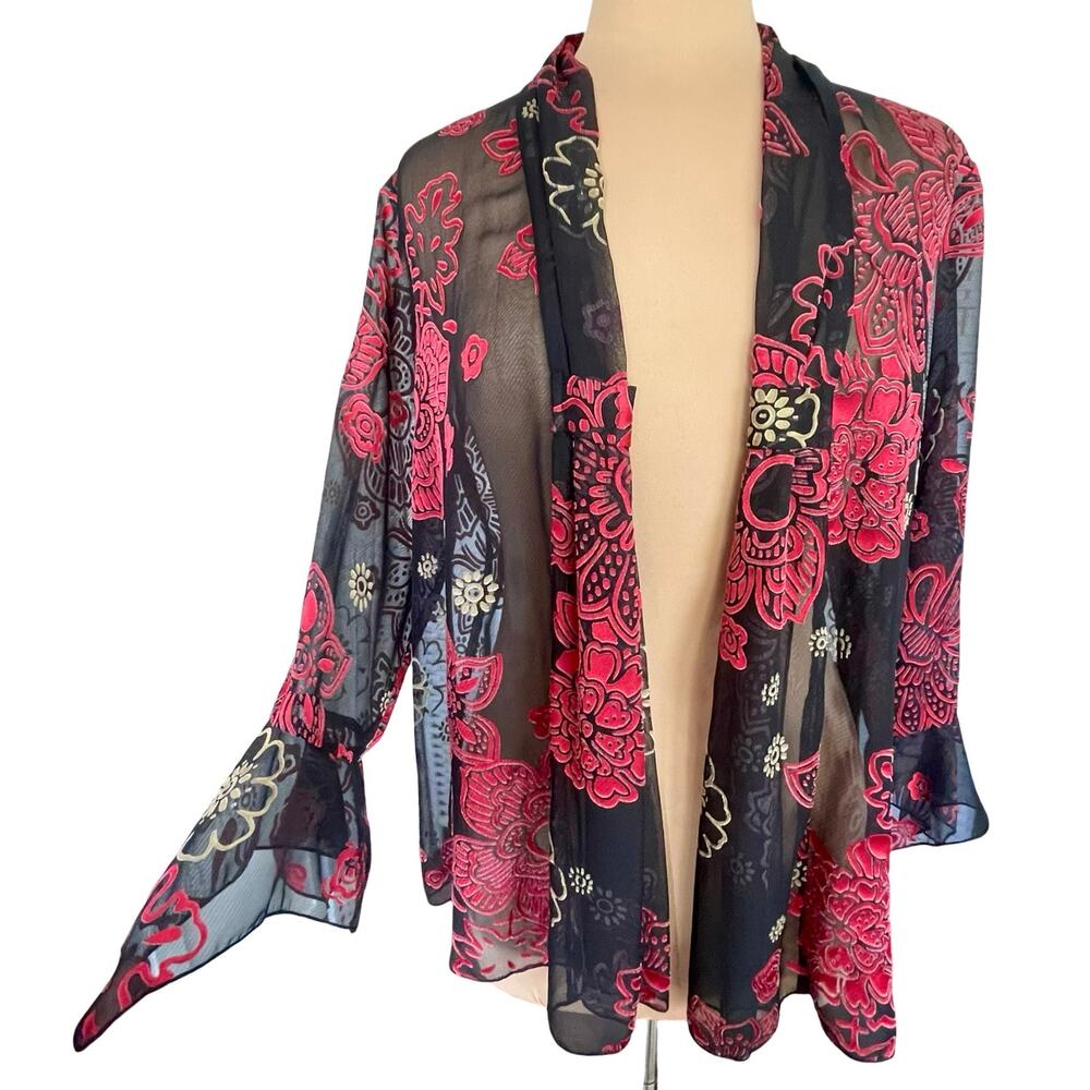 Nicola Vintage Red Black Floral Burnout Sheer Cardigan Sz L Whimsigoth Boho Chic